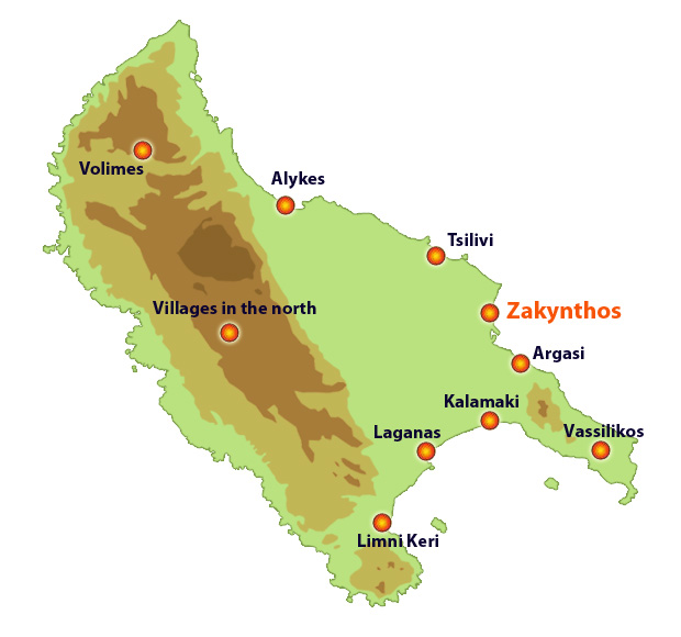 Map with Zakynthos resorts